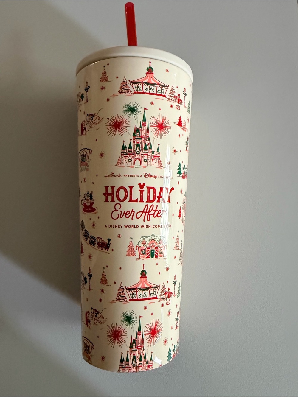 NEW Disney Corkcicle Hallmark Holiday Ever After Tumbler with Red Straw